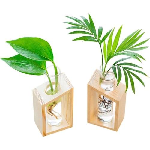 Crystal Glass Test Tube Vase in Wooden Stand Flower Pots for Hydroponic Plants Home Garden Decoration
