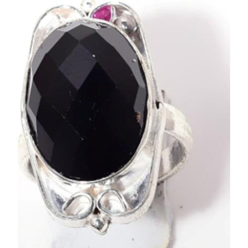 Genuine Black Onyx Ring Silver Overlay over Copper , Hand Made Women Jewelry gift , Size: 6.5 , R6459