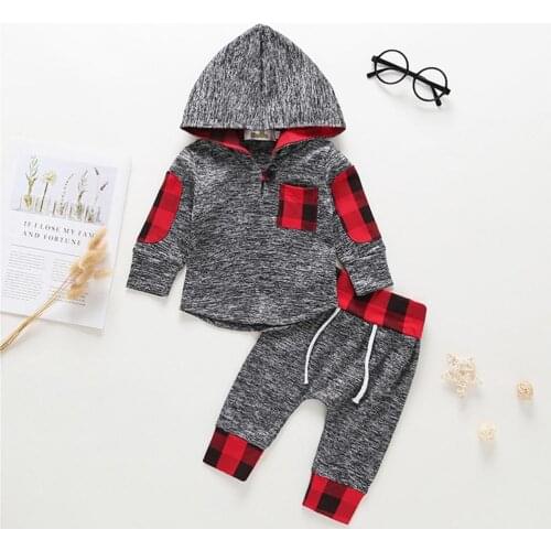 2Pcs Baby Boys Girls Clothes Outfit Set Red Plaid Pocket Long Sleeve Hoodie Tops and Pants Toddler Clothing Suit