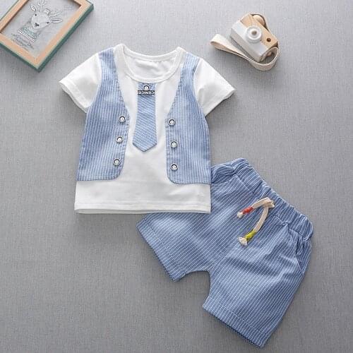 Summer Baby Boys Clothes Short Sleeve Fake Tie Print Tops Shirts+Striped Shorts Kid Clothing Sets 13
