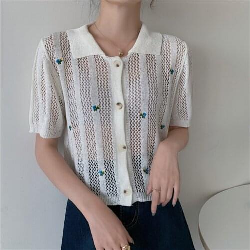 2021 summer women new design sense POLO Western style flower embroidery hollow collar cardigan Ms. thin knit T-shirt tops