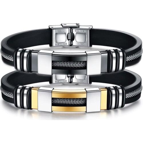 Modyle New Gold Silver Color Stainless Steel Silicone Black Bracelet WristBand Punk Vintage Simple Rubber Charm Bracelet for Men