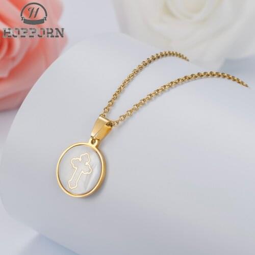 HOBBORN Trendy Men Women Cross Necklace Stainless Steel Gold Color Shell Necklaces & Pendants Religious Jewelry Collares Mujer