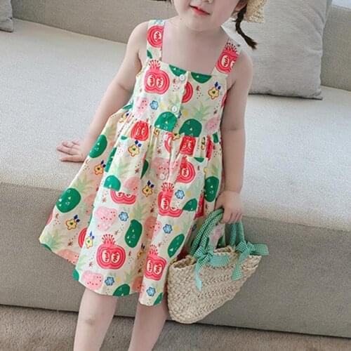 Girls Summer Casual Dress Fruit Printing High Waist Button Placket Square Collar Cute Sling Dress Children Dresses for Outdoor