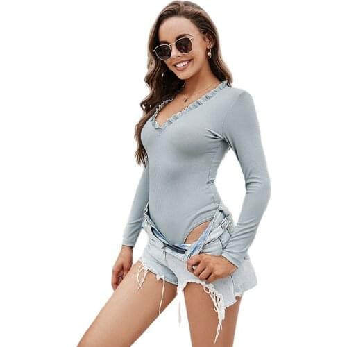 Edible Tree Fungus Decor Long Sleeve Sexy Deep V-neck Bodysuits Women Autumn Spring Solid Color Casual Bodycon Slim Jumpsuits