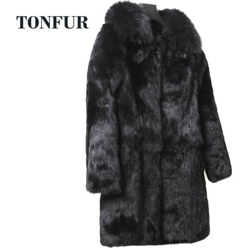Real Fox Fur Coat Natural Genuine Whole Rabbit Fur Long Coat Fox Collar Top Selling Brand Fur Vintage Jacket tsr663