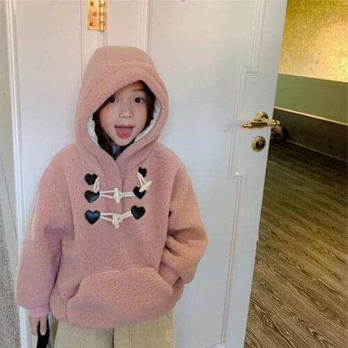 Girls Sweater Korean Hooded Horn Button Lamb Wool Plus Velvet Padded Jacket 2021 Winter New Baby Kids ChildrenS Clothing