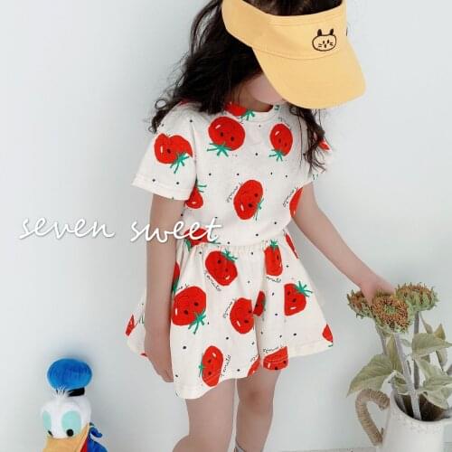 Korean style summer cute cartoon tomato printing clothes sets for girls cotton short sleeve T shirt and loose shorts 2pcs sets