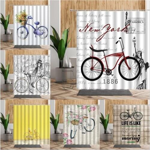 3D Bicycle Pattern Shower Curtains Set Bike New York Stone Statue Bath Screen Europe Printed Fabric Bathroom Curtain Home Decors