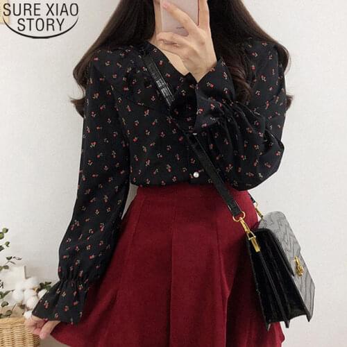 Autumn Ladies Tops Korean Fashion Floral Print Shirts Women Chiffon Blouses Flare Sleeve Doll Collar Sweet Casual Shirt 10335