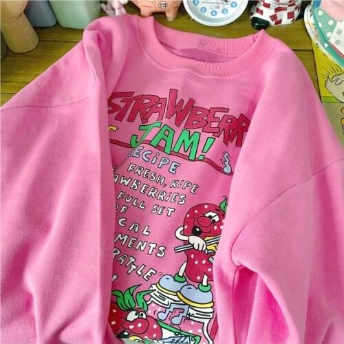 Harajuku Vintage Top Cute Sweet Strawberry Print Hoodie Women Loose Streetwear Sweatshirt American Y2K Kawaii Oversized Pullover