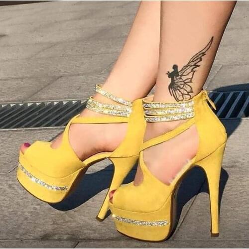 Hot Selling Yellow Suede Leather High Platform Pumps Women Shoes Peep Toe Crystal Ankle Strap Cross Strap Wedding Shoes Bride