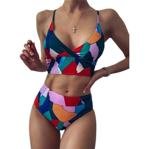 Women Chest Pad Swimming Suits Sleeveless Geometric Print Tops Bottoms Swimwear For Ladies Vacation High Waist Bikini 2021