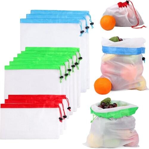12pcs Polyester Mesh Stitching Vegetable Fruit Bag Washable Kitchen Storage Mesh Bags New Sundries Organizer with Drawstring