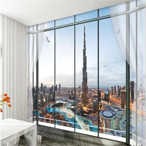 Beibehang European-style 3D three-dimensional window Burj Dubai TV backdrop large custom living room wallpaper murals