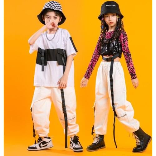 Kids Sequined Cool Hip Hop Clothing Lepoard Shirt Tops Streetwear Cargo Pants for Girls Boys Jazz Dance Costume Show Outfits