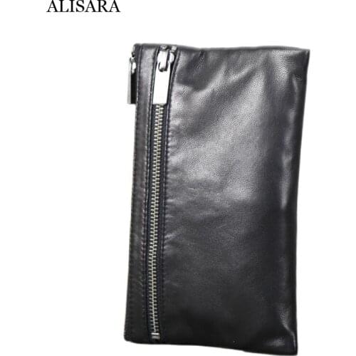 Alisara Long Wallet Men Genuine Leather Top End Multi Zipper Cell Phone Purses Casual Large Capacity Organizer Clutch Bag Women