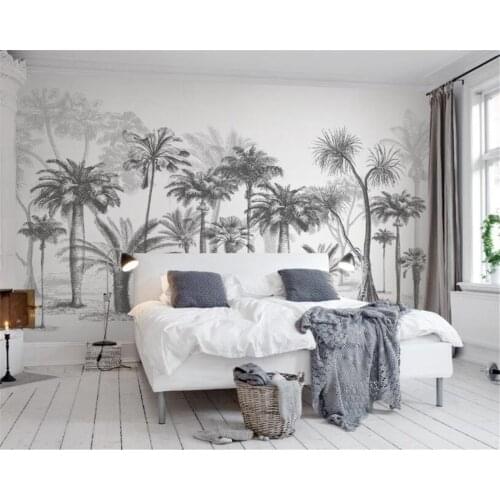 Beibehang Custom wallpaper Mural Black and White Sketch Tropical Rainforest Coconut Tree Nordic TV Sofa Background 3d Wallpaper