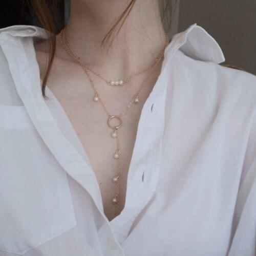 IFK Fashion Long Pearl Necklace For Women Boho Multilayered Pearl Pendant Necklace 2021 Trend Choker Sweater Chain Jewelry