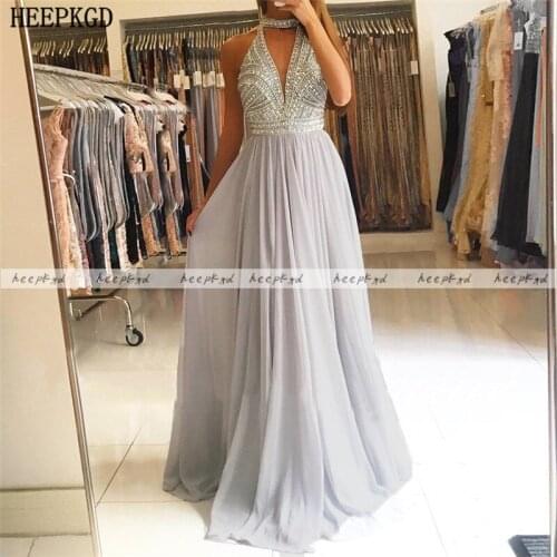 Exquisite Silver Long Evening Dress Backless Rhinestone Chiffon Plus Size Prom Gowns Customize Women Formal Occasion Dresses