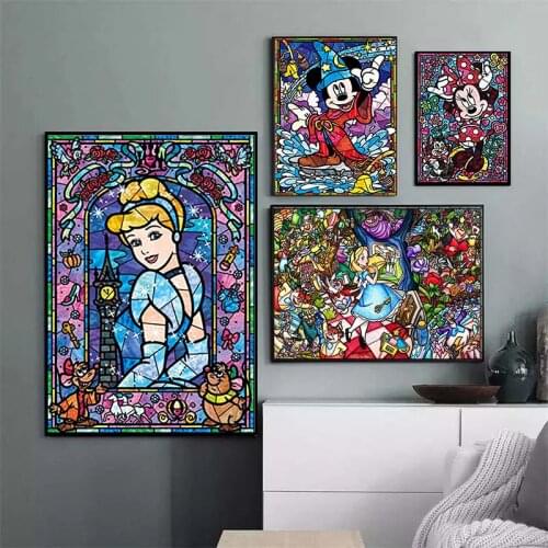 Disney Cartoon Canvas Paintings Splicing Art Posters and Mickey Minnie Princess Prints Wall Art Pictures for Living Home Decor