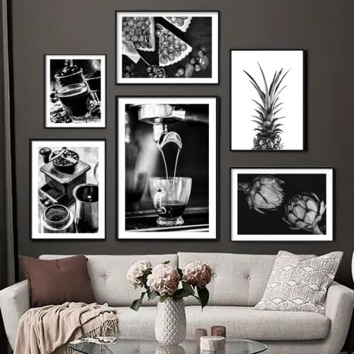 Coffee Pineapple Black and White Wall Art Canvas Painting Nordic Poster Kitchen Wall Pictures for Coffee Shop Bar Home