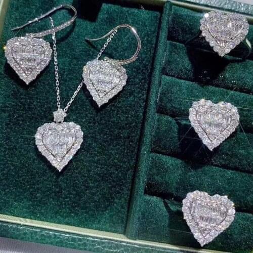 Cute Heart Silver Jewelry Set with Bling Zircon Long Chain Necklace Ring Drop Earrings for Women Fashion Jewelry