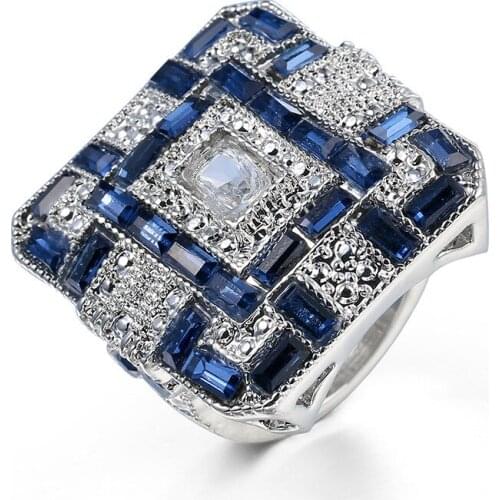 Luckyshine Brand Fashion Vintage Square Women Ring Blue White Zircon Shine Silver Plated Exotic Classy Holiday Women Rings