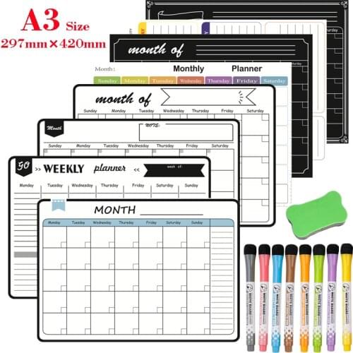 Magnetic Monthly Weekly Planner Calendar Table Dry Erase Whiteboard Blackboard Kitchen Menu Strong Magnetic Pen and Eraser