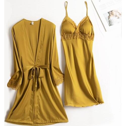 Nighty Robe Set Satin Lace Nightdress Negligee Gown Women 2PCS Nightshirts Sleep Suit V-Neck Pajamas Sleepwear Homewear