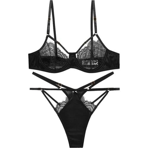 2020 New Sexy Lace Bra and Thongs Set Underwear With Stones Unlined Transparent Bra Hollow Out Bandage Panties Women Lingerie