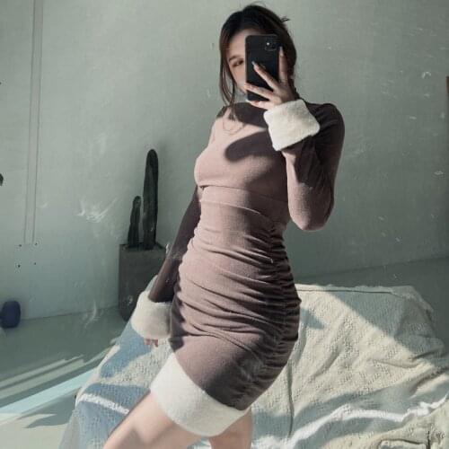 WOMENGAGA 2021 New Slim Fur Stitching Warm Mini Dress Womens Turtleneck Sexy Slim Autumn Winter Dresses Korean Girl Female 43EC