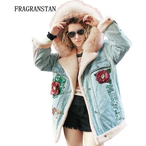 New Fashion Women Winter Real Fox Fur Collar Flower Sequins Parkas Vintage Cotton Warm Loose Casual Long Denim Coat Hoodies LY92