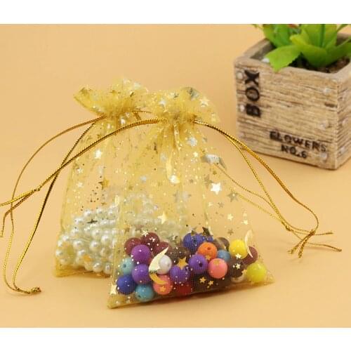 Wholesale 200pcs/lot Star Moon Pattern Gold Organza Bags 9x12cm Wedding Favor Candy Jewelry Packaging Bags Pouches Nice Gift Bag