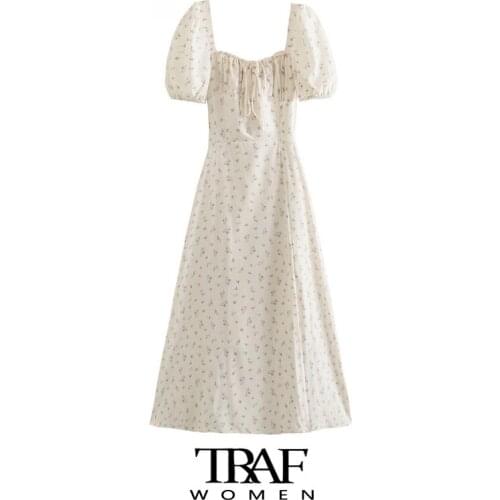 TRAF Za Women Fashion Floral Print Front Slit Midi Dress Vintage Puff Sleeve Back Zipper Summer Female Dresses Vestidos