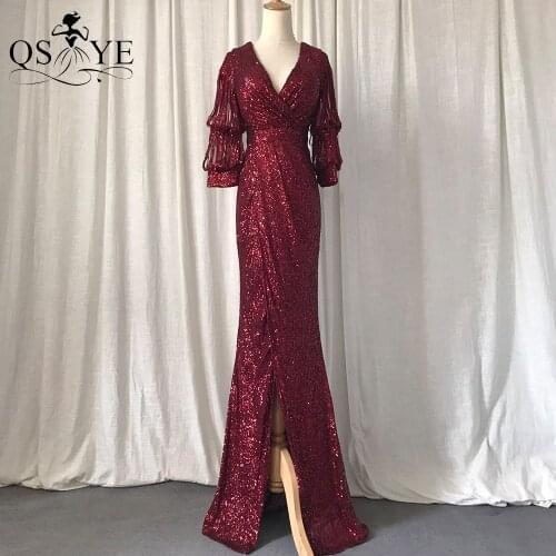 Unique Sleeves Burgundy Evening Dresses Sequin Split Prom Dress Sexy V Neck Formal Gown Slit End Party Dress Glitter New 2021