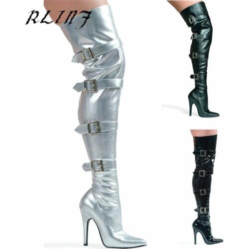 RLINF Over The Knee Boots Belt Buckle Thigh Boots Pointed Stiletto High Heel Long Tube Stovepipe Leg Stretch Boots