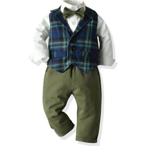 Tem Doger Newborn Baby Boy Clothes Overalls Infant Cotton Plaid Vest Shirt with Bow Tie Trousers Suit