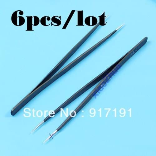U119 6pcs/lot Straight Tips Tweezer Anti Magnetic Static Forceps