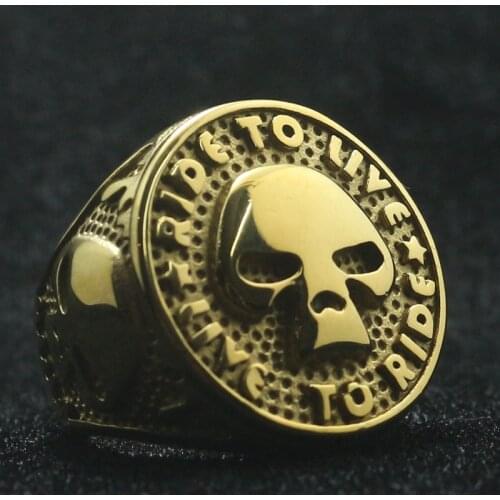 Unisex 316L Stainless Steel Cool Rider to Live, Live to Rider Flaming Biker Gold-Color Skull Ring
