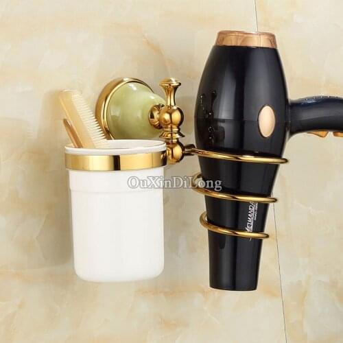 Top Quality Brass Jade Hair Dryer Drier Rack with Cup Holder Comb Tumbler Shelf Storage Organizer Bathroom Accessories Golden