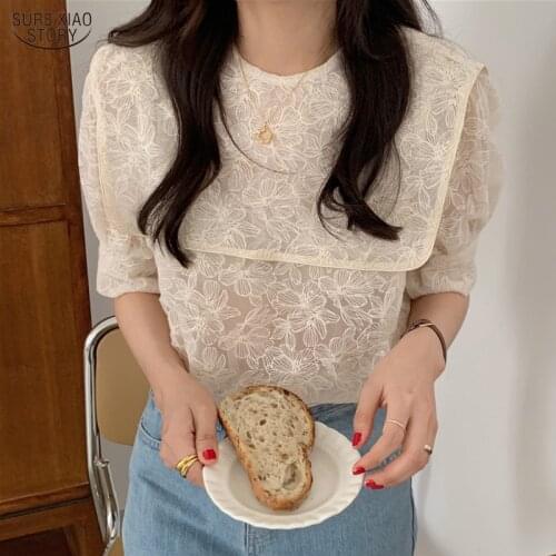Fashion Navy Style Lapel Embroidery Lace Cute 2021 High Quality Chic Lady Gentle Half Sleeves Sweet Girls Loose Shirt Tops 9955