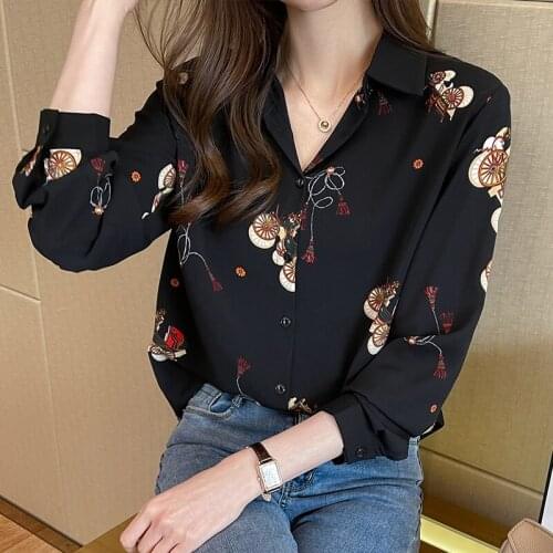 Women Shirts Blouses 2021 Fashion Floral Chiffon Shirt Womens Loose Long Sleeve Top Blusas Mujer De Moda 2021