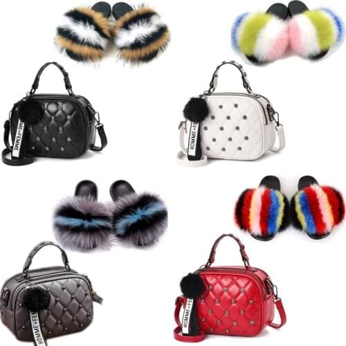 Womens Fox Fur Slippers Letter PU Shoulder Bag Shoes Sets Ladies Luxury Furry Slides Rivet Purses Plush Sandals Female Handbag
