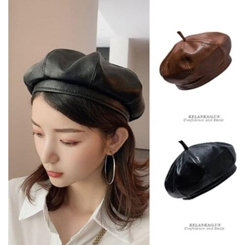 Vintage Port Style Pu Leather Beret, Womens Wild Fashion Fall And Winter Painters Cap, Big Head Wai Pumpkin Cap
