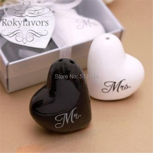 Free Shipping 100Sets/lot! Heart Design Mr.&Mrs.Ceramic Salt &Pepper Shakers Bridal Shower Bride and Groom Ceramic Favors