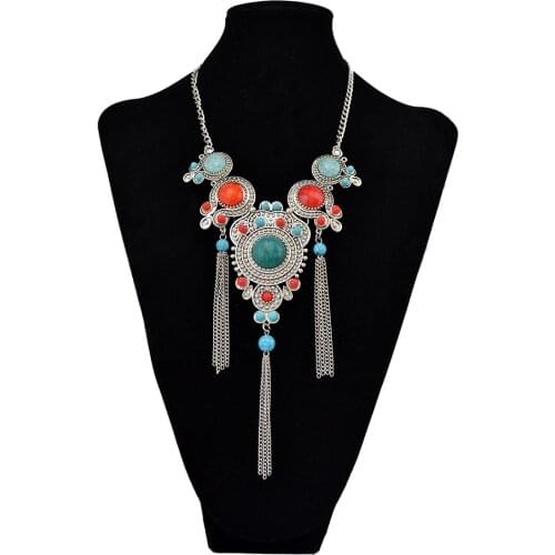 Bohemian Vintage Long Tassel Multicolor Stone Bead Boho Collier Maxi Necklace Gypsy Flower Bib Statement Necklaces For Women