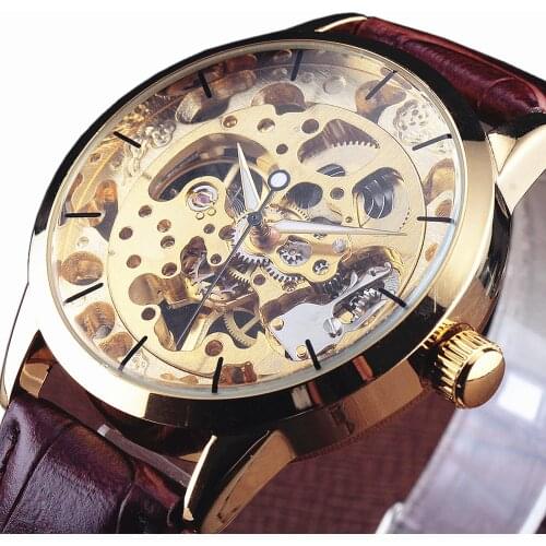 New Fashion Male Gold Case WINNER Watch Skeleton Clock Mechanical Hand Wind Leather Strap Business Classic Retro Men Wrist Watch