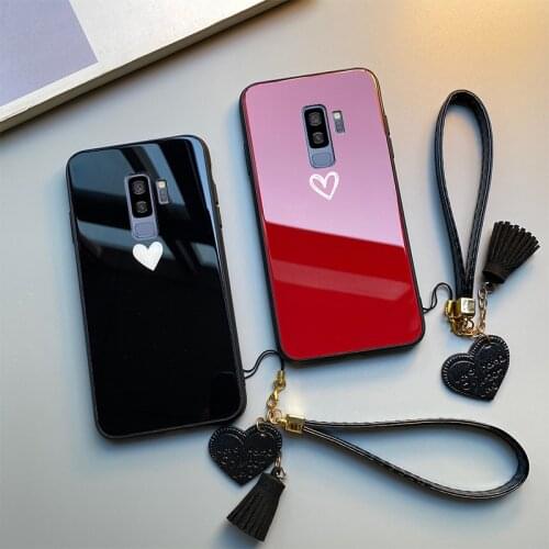 For Samsung J8 J4 J6 2018 J5 j7 Prime Case Free strap Red Black Heart Hard Glass Cover For Samsung j4 j6 Plus 2018 Casing