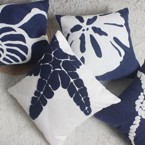 Home Decor Emboridered Cushion Cover Navy Starfish Shell Canvas Pillow Case Cotton Suqare Embroidery Pillow Cover 45x45cm